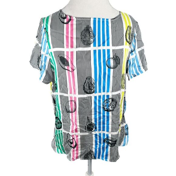 Vilagallo Colorful Stripe Fruit Slice Print Top Neck tie Silk Boxy Size 44 US 10 - Picture 5 of 11